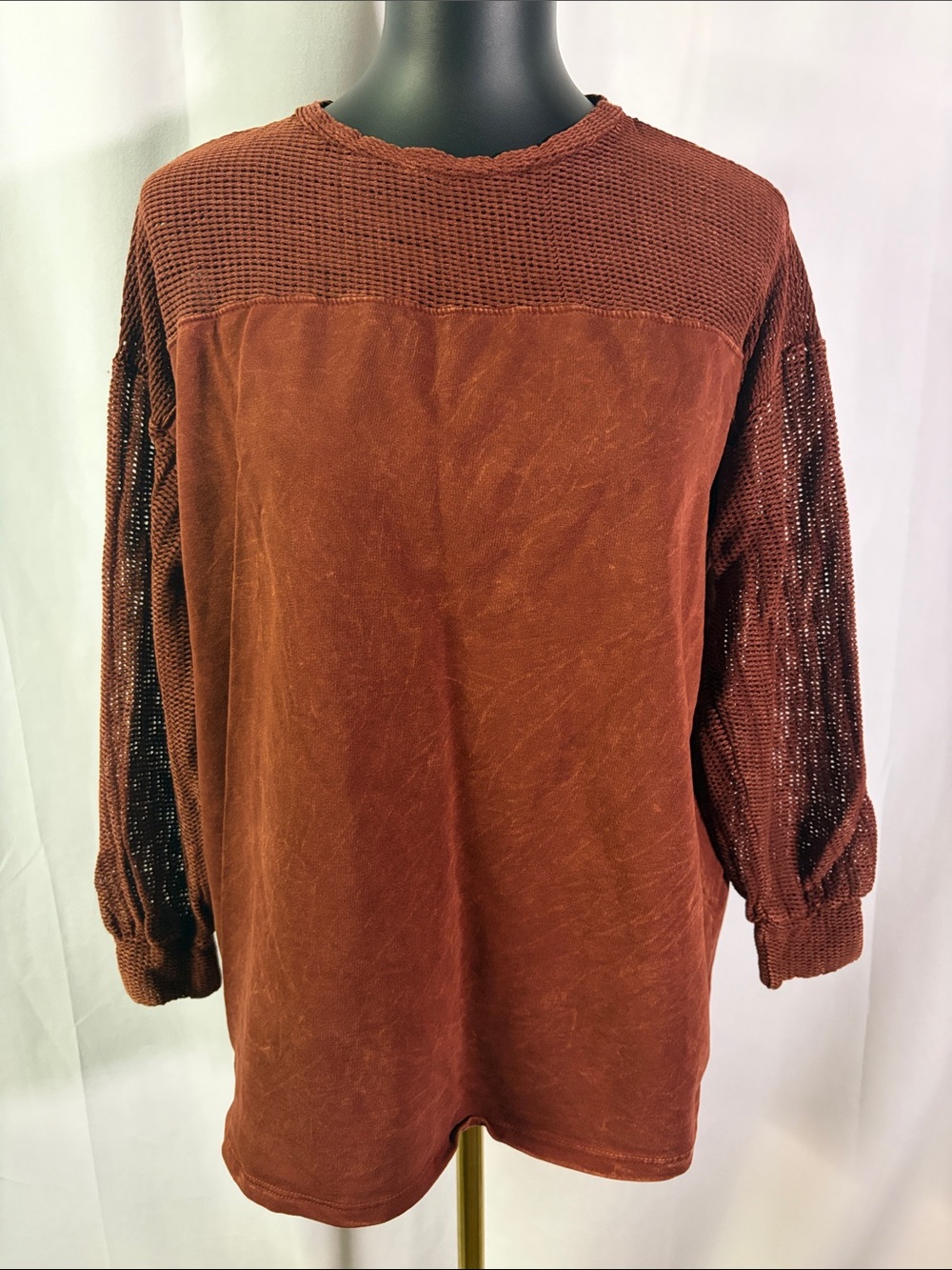 Gilded Intent Rusty Brown Long Sleeve Drop Shoulder Mesh Panel Top